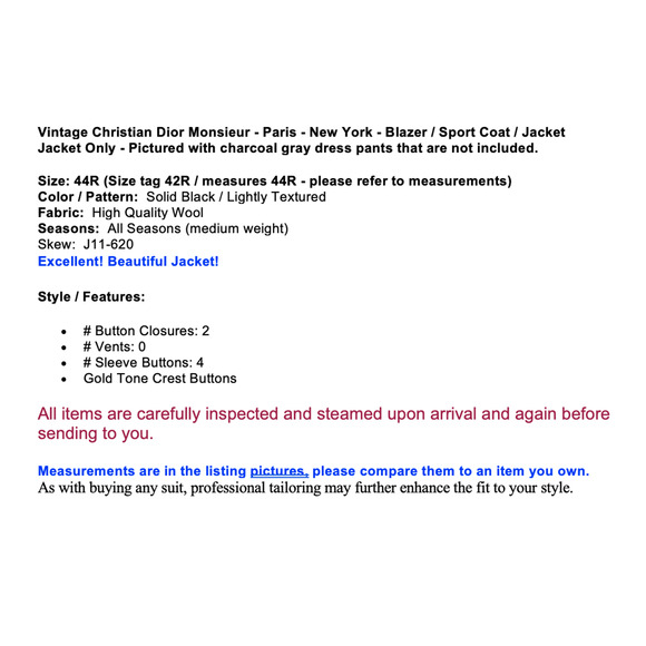 Vtg Christian Dior Monsieur 44R Black Gold Tone Buttons Designer Blazer Coat - Picture 2 of 16